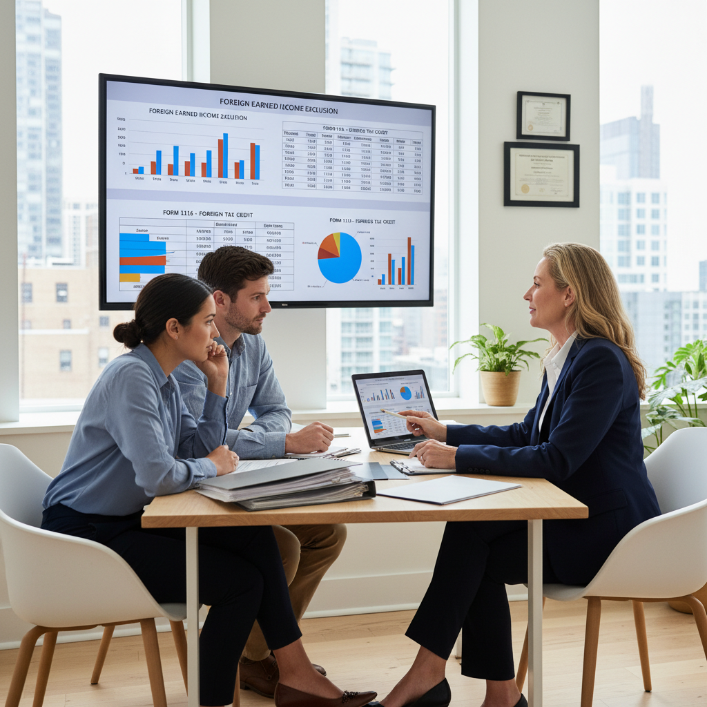 A professional tax advisor explaining complex tax documents to a concerned US expat couple in a modern office, charts and graphs visible on a screen, photorealistic.
