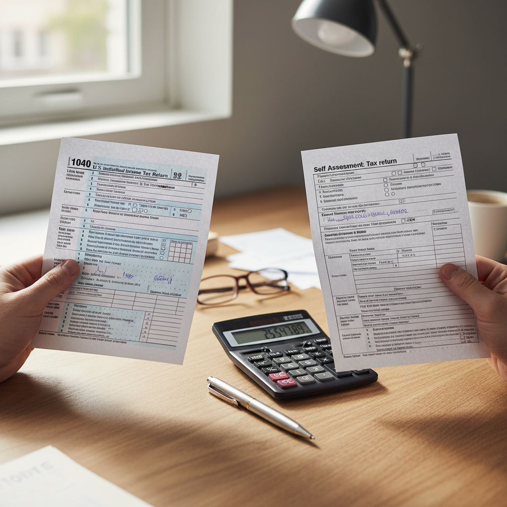 Close-up of hands comparing a US tax form and a UK tax form side-by-side on a desk, with a calculator and pen, natural light, photorealistic.