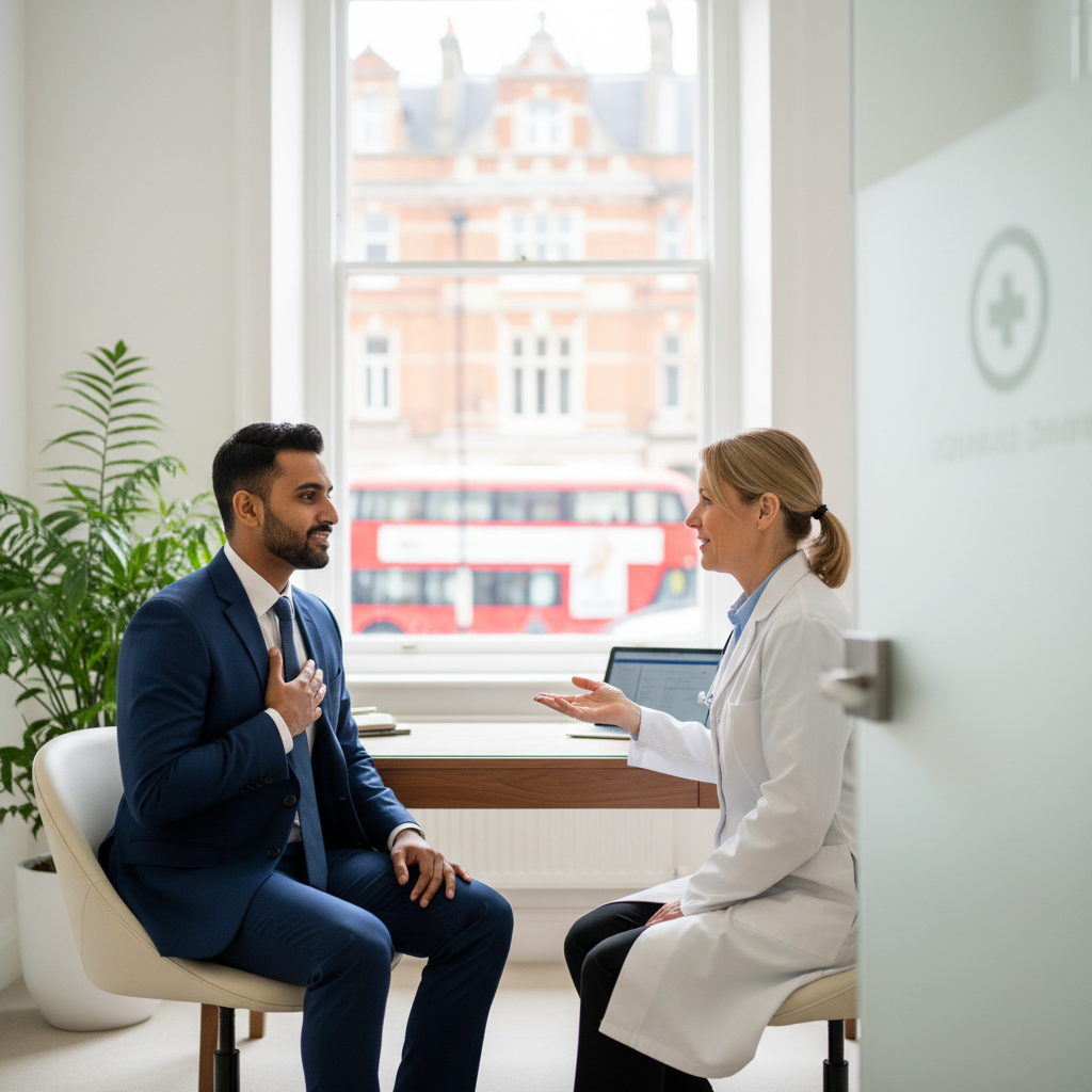 A diverse professional expat, 30s, having a calm and reassuring consultation with a female doctor in a bright, modern private clinic in London. Both are smiling, with a positive, trusting atmosphere. Photorealistic, high detail.