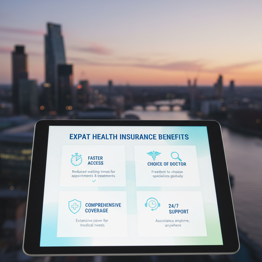 A detailed, clean infographic on a digital tablet screen, illustrating key benefits of expat health insurance. Icons represent 'Faster Access', 'Choice of Doctor', 'Comprehensive Coverage', '24/7 Support'. A blurred background of a modern UK city skyline. Photorealistic, vibrant colors.