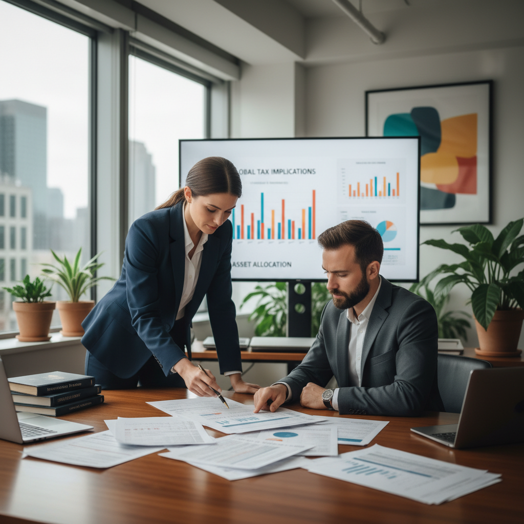 A professional financial advisor explaining complex tax documents to an expat client in a modern office, charts and graphs visible on a screen in the background, professional setting, photorealistic.