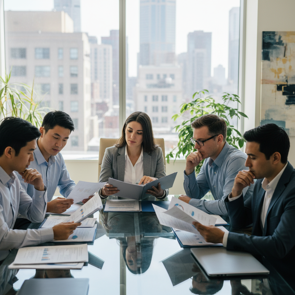 A diverse group of expat individuals looking thoughtfully at financial documents, diverse backgrounds, sophisticated and clear, bright office environment, photorealistic.