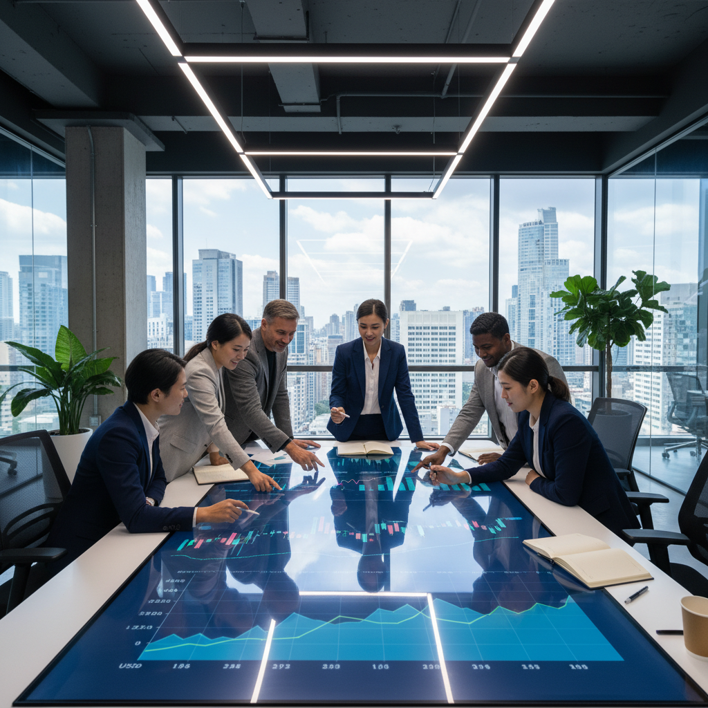 A diverse group of business professionals from different nationalities collaborating around a large digital tablet displaying charts and currency exchange rates in a sleek, modern office setting, photorealistic.