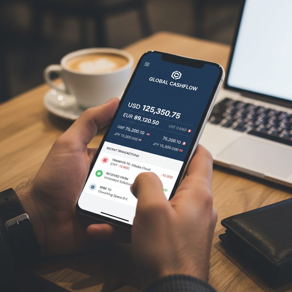 A close-up of a smartphone screen displaying a modern, clean business banking app interface with multi-currency balances and recent international transactions, held by an expat entrepreneur in a cafe, photorealistic.