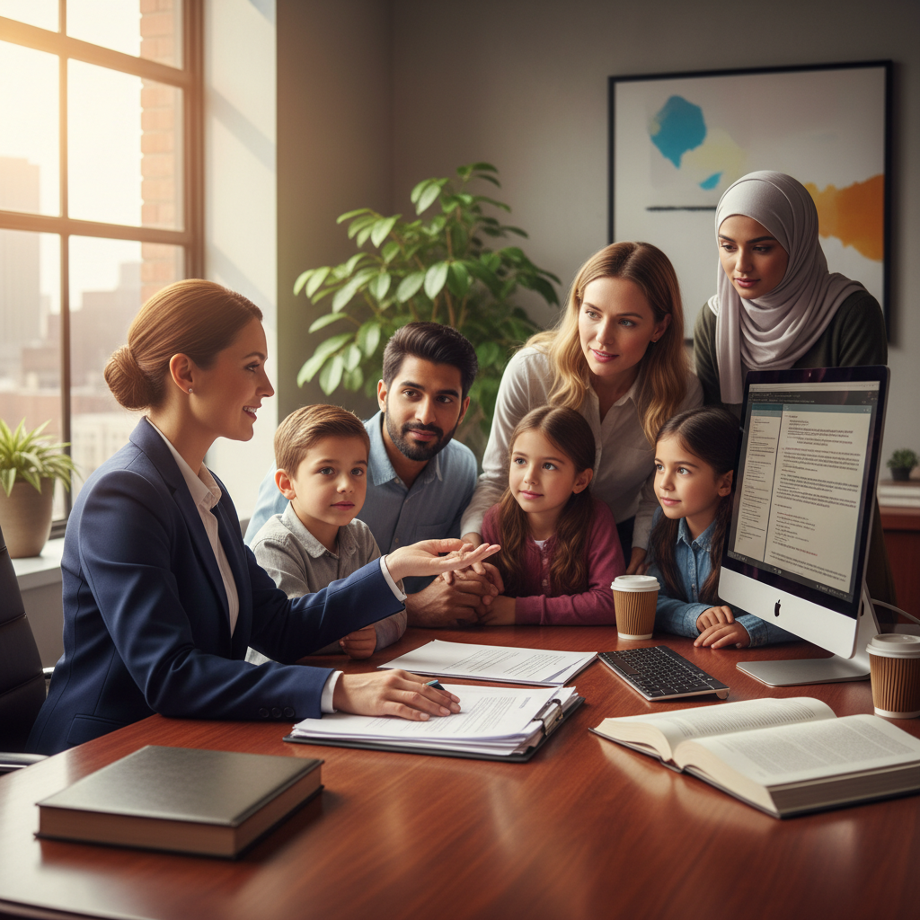 A diverse group of people, including an expat family, consulting with a professional, empathetic immigration lawyer in a modern office setting. The lawyer is explaining documents, pointing to a computer screen with legal texts, while the clients listen attentively. Photorealistic, soft natural lighting.