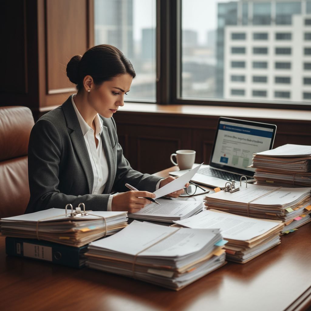 A focused immigration lawyer reviewing complex legal documents on a large desk, with a laptop displaying UK Home Office guidelines in the background. The lawyer has a serious, determined expression, and there are stacks of neatly organized files. Photorealistic, professional office setting.