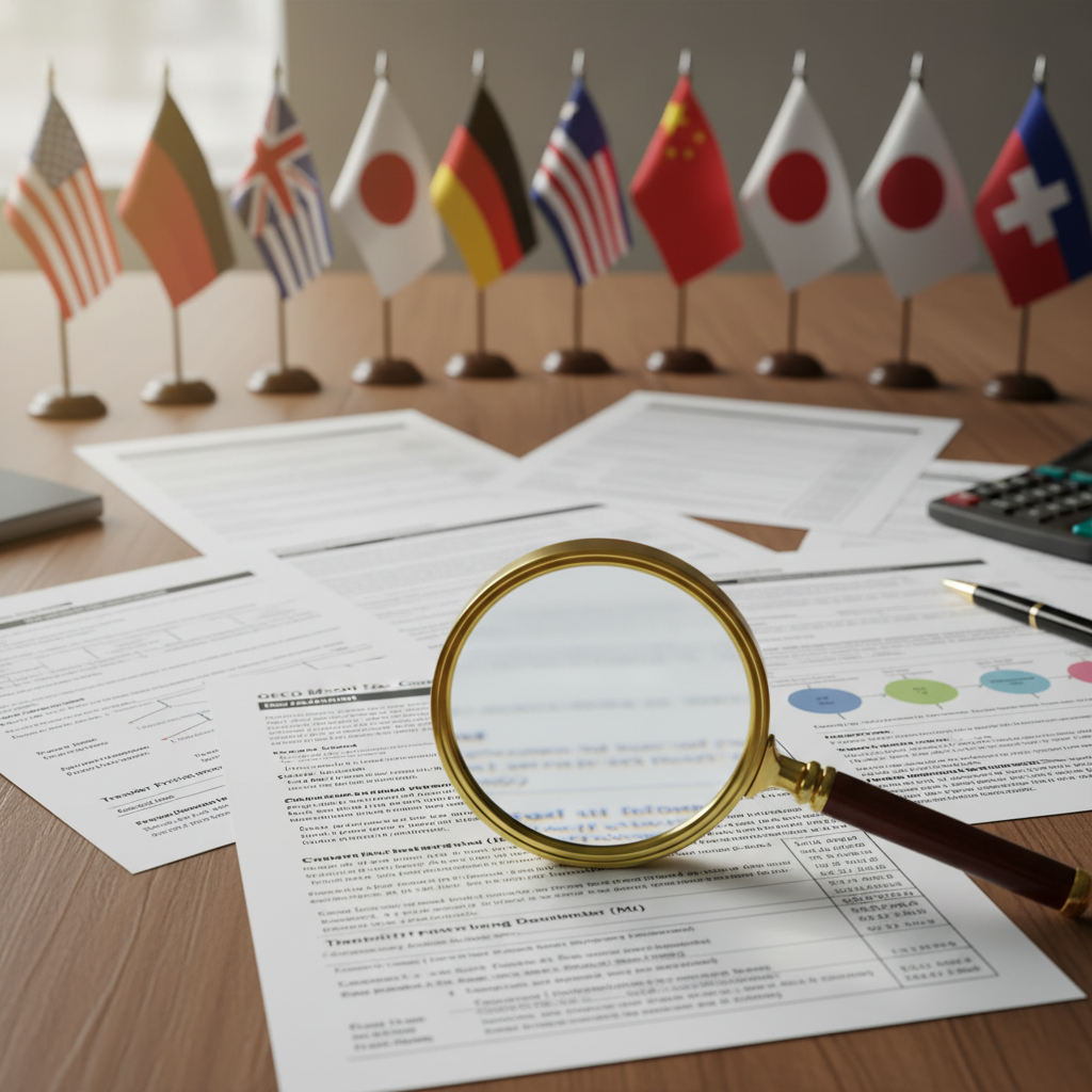 A detailed, photorealistic image of various international tax documents and forms spread across a desk, with a magnifying glass over a complex section and subtle national flags in the background, symbolizing global tax complexities.