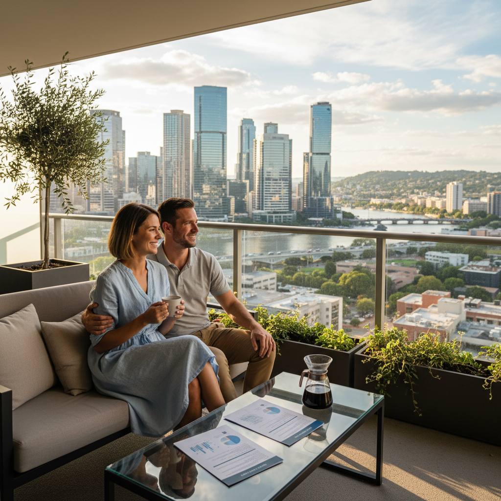 A serene, photorealistic image of a professional expat couple smiling confidently, relaxing in a modern apartment balcony overlooking a vibrant city skyline, symbolizing financial peace of mind achieved through expert advice. The scene is bright and optimistic.
