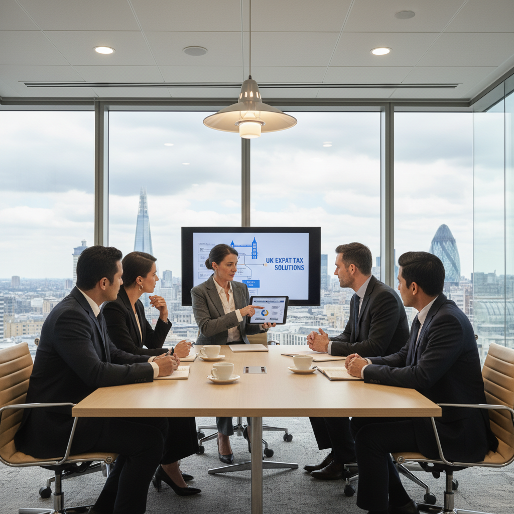 A diverse group of expatriates, smartly dressed, consulting with a professional tax advisor in a modern, well-lit office in London. The advisor is pointing to a tax document on a tablet. Photorealistic, high-detail.