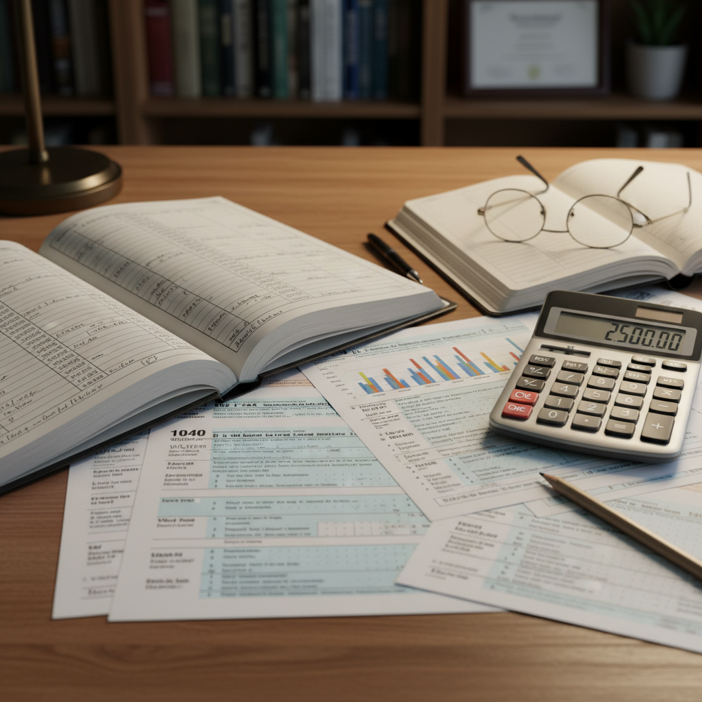 A detailed ledger or spreadsheet with financial data and tax forms on a desk, next to a calculator and a pair of reading glasses, signifying meticulous financial planning and organization. Photorealistic, sharp focus.