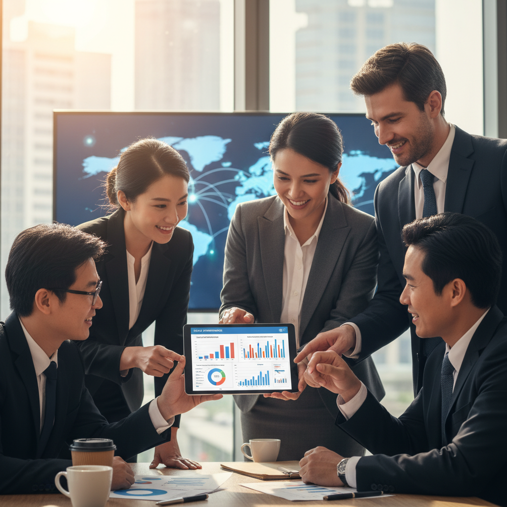 A diverse team of international business professionals looking at a CRM dashboard on a tablet, with a global map subtly in the background, bright and professional lighting, photorealistic
