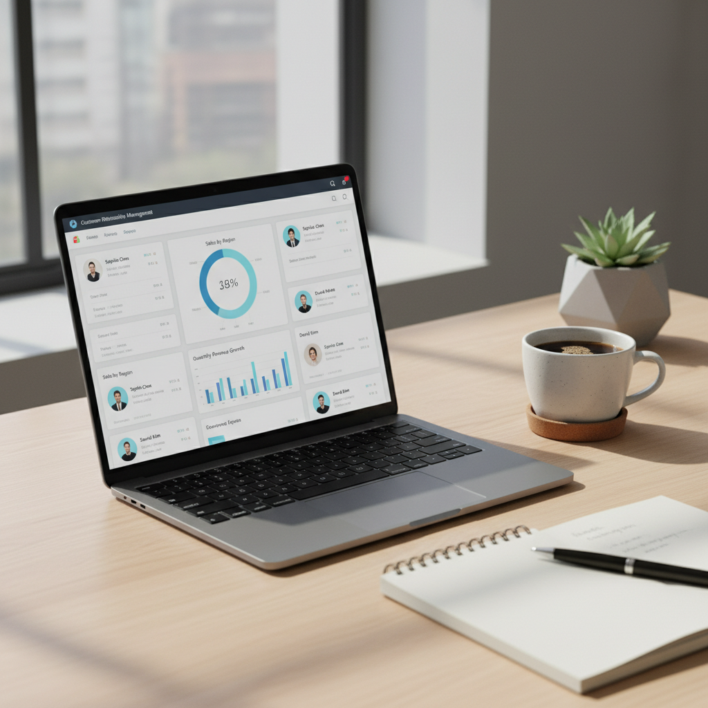 A sleek, modern office setup with a laptop displaying a CRM dashboard, showing various charts and customer profiles, a coffee cup and a notepad on the desk, natural lighting, photorealistic