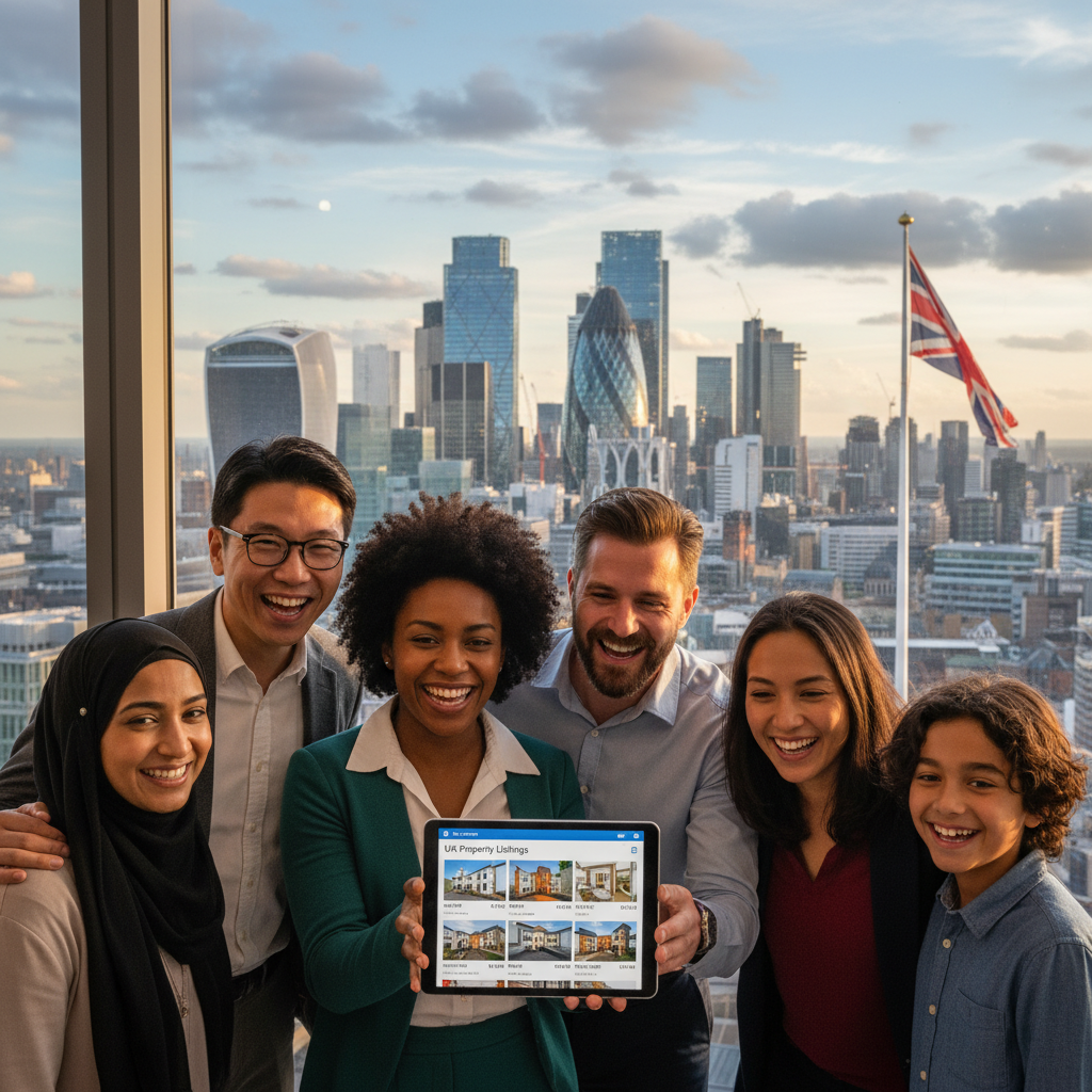 A diverse group of people from different nationalities, smiling and looking at a digital tablet displaying UK property listings, set against a backdrop of a modern city skyline and a Union Jack subtly in the distance. Photorealistic, high detail.