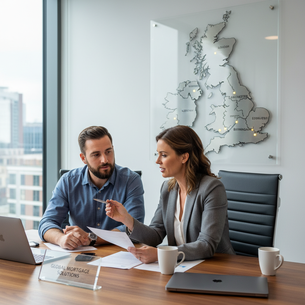 A professional expat mortgage broker in a modern, well-lit office, reviewing documents with a client who is an expat, both looking engaged and focused. A map of the UK is visible in the background, subtly indicating property locations. Photorealistic, clean aesthetic.