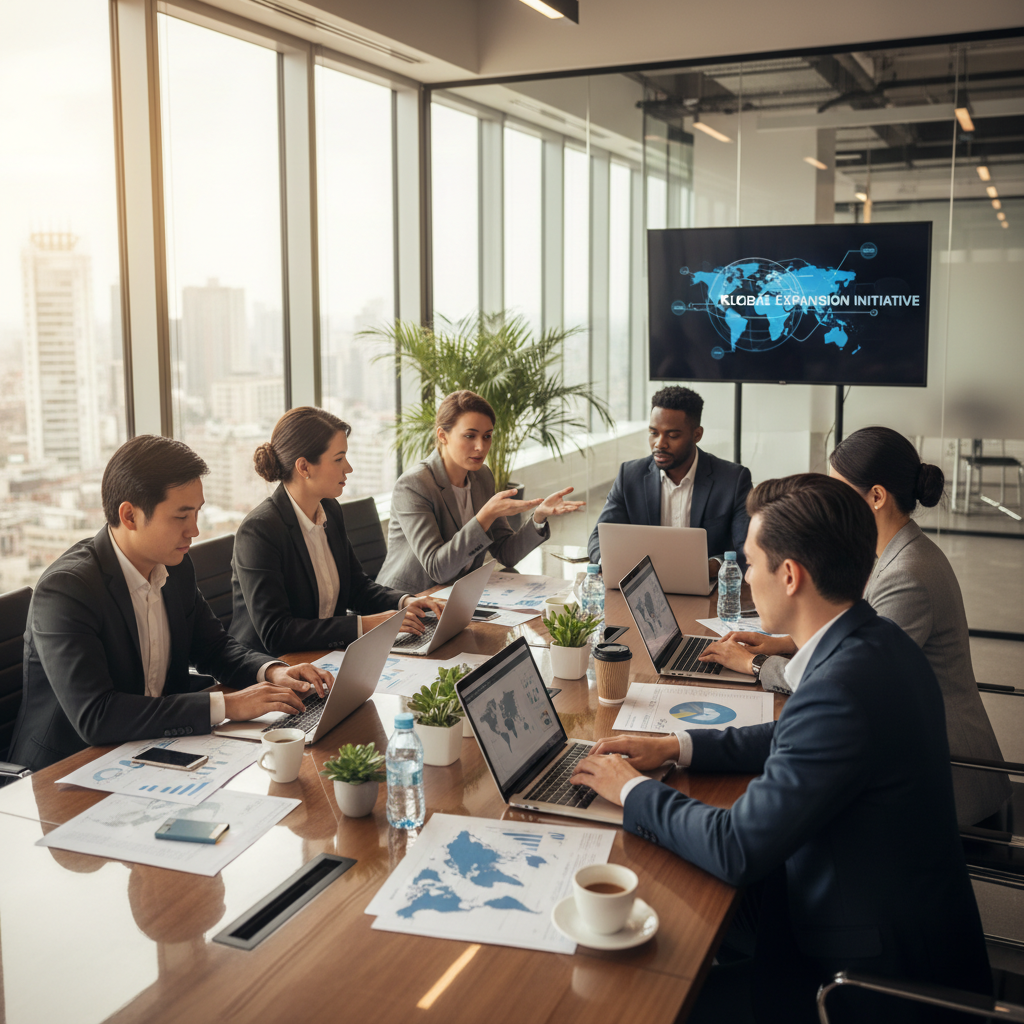 A diverse group of international business professionals in a modern, brightly lit office setting, collaborating around a large table with laptops and documents. The atmosphere is professional and collaborative, with a focus on global business expansion. Photorealistic, high detail.
