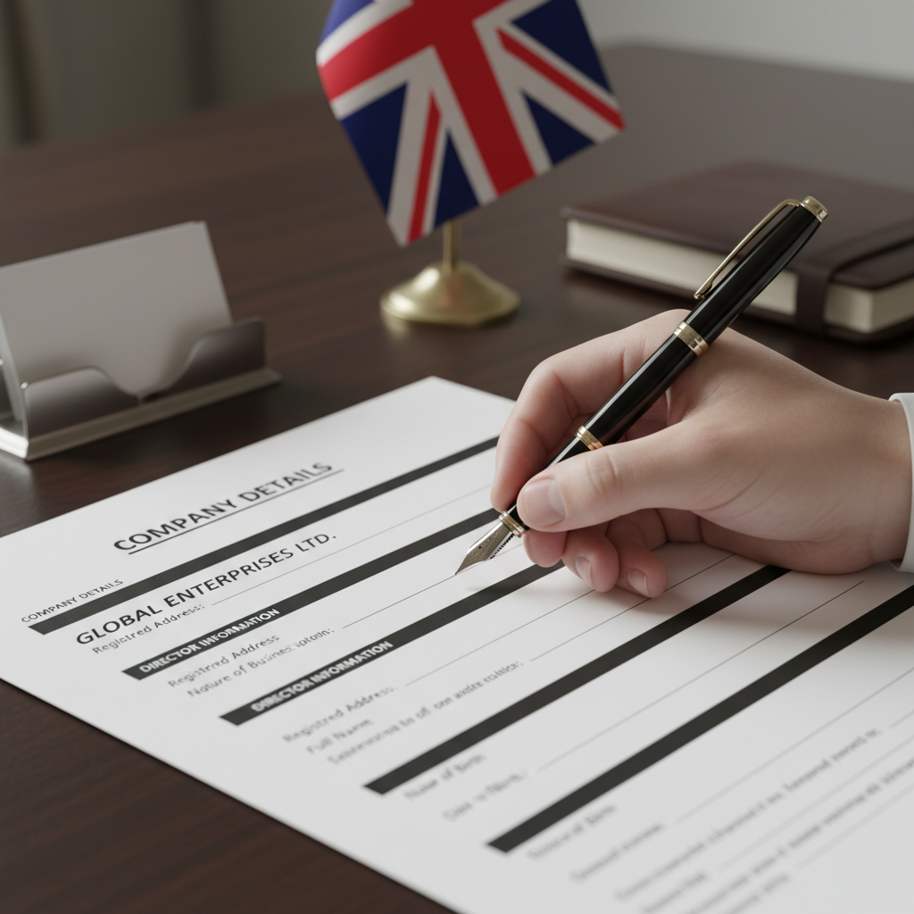 A close-up shot of a hand filling out official company registration forms, with a British flag subtly in the background on a desk. The documents are professional and clear, showing sections for company details and director information. Photorealistic, focus on details.