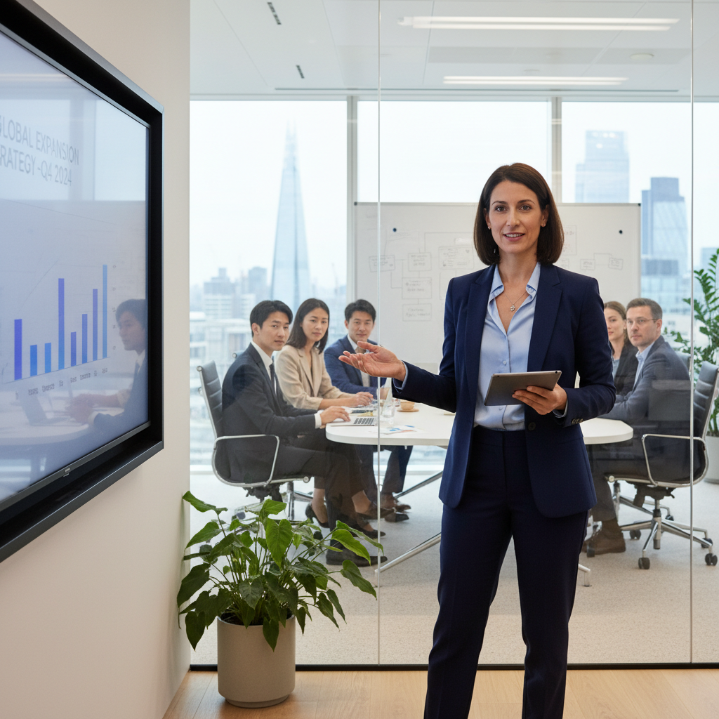 A professional expat entrepreneur, a man or woman in their late 30s, confidently presenting a business plan in a sleek, modern UK office, with a diverse team collaborating in the background. Photorealistic, bright lighting.
