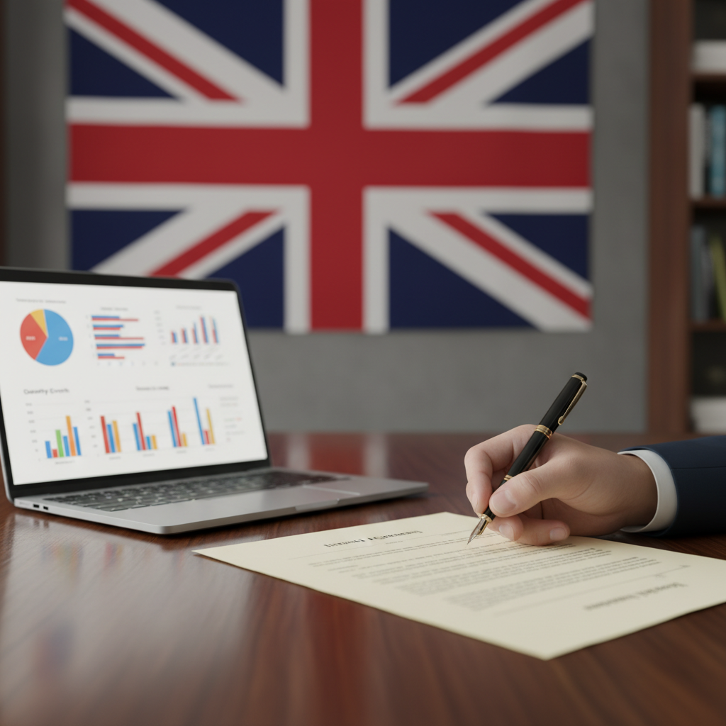 A close-up shot of a hand signing a legal document, with a UK flag subtly visible in the background and a laptop displaying business analytics in the foreground. Photorealistic, professional setting.