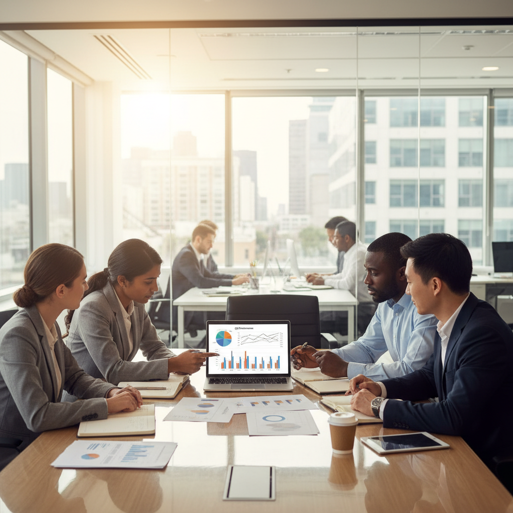 A diverse group of business professionals in a modern office discussing financial documents, with a focus on a laptop displaying charts and graphs. The scene is bright and professional, with a sense of collaboration.