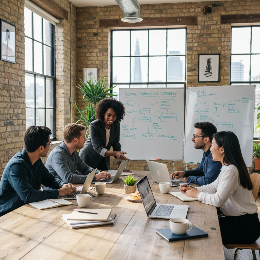 A diverse team of expat entrepreneurs collaboratively working on a strategic business plan in a modern, light-filled co-working space in London, showcasing innovation and growth. There are laptops, whiteboards with diagrams, and coffee cups on the table.