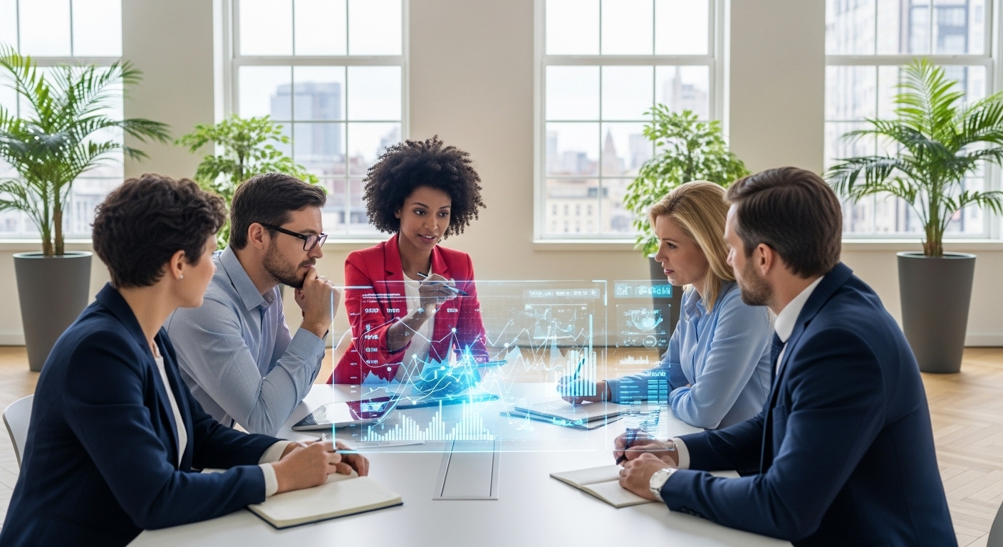 A diverse group of business professionals in a modern, light-filled office space, collaborating and brainstorming, with a holographic chart displaying market data. Photorealistic, high detail.