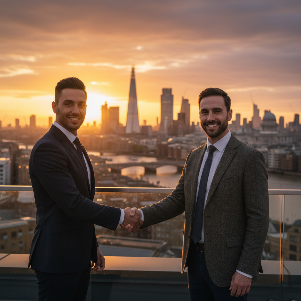 A professional expat business owner shaking hands with a UK-based business partner, with the London skyline visible in the background at sunset. Photorealistic, warm lighting, professional attire.