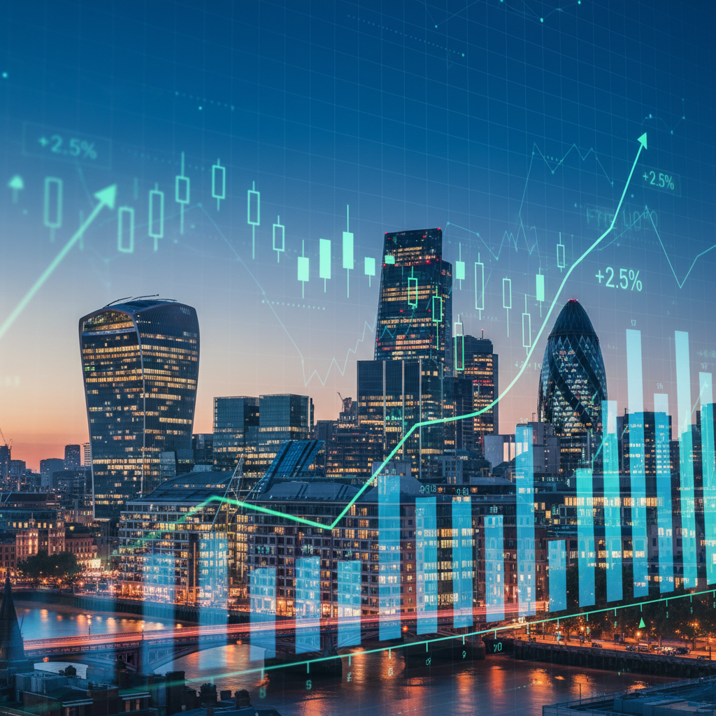 A vibrant, photorealistic depiction of the London financial district skyline at dusk, with digital stock market graphs overlaid, symbolizing economic strength and innovation.