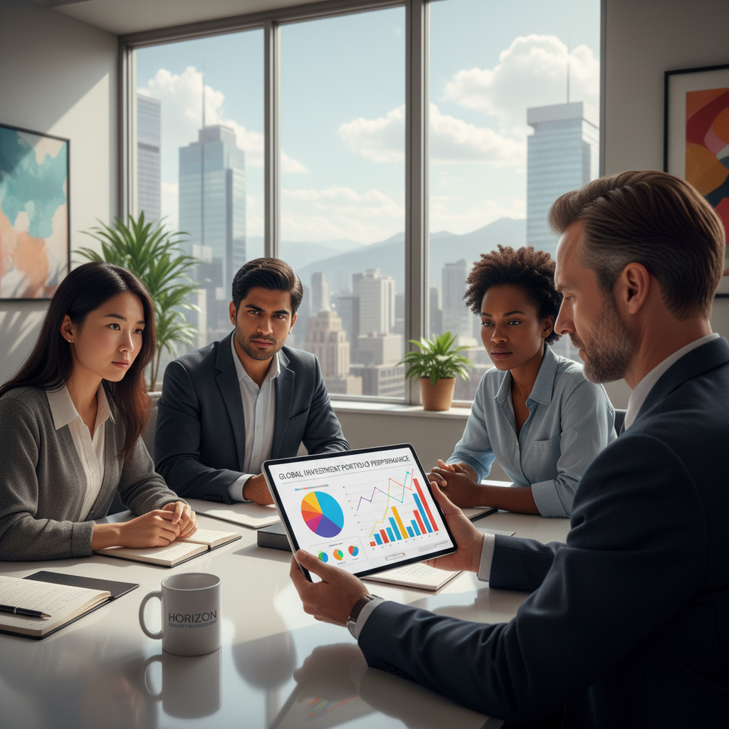 A diverse group of people (expats) in a modern, light-filled office, engaged in a discussion with a financial advisor, looking at a digital tablet displaying investment portfolio charts. Photorealistic.