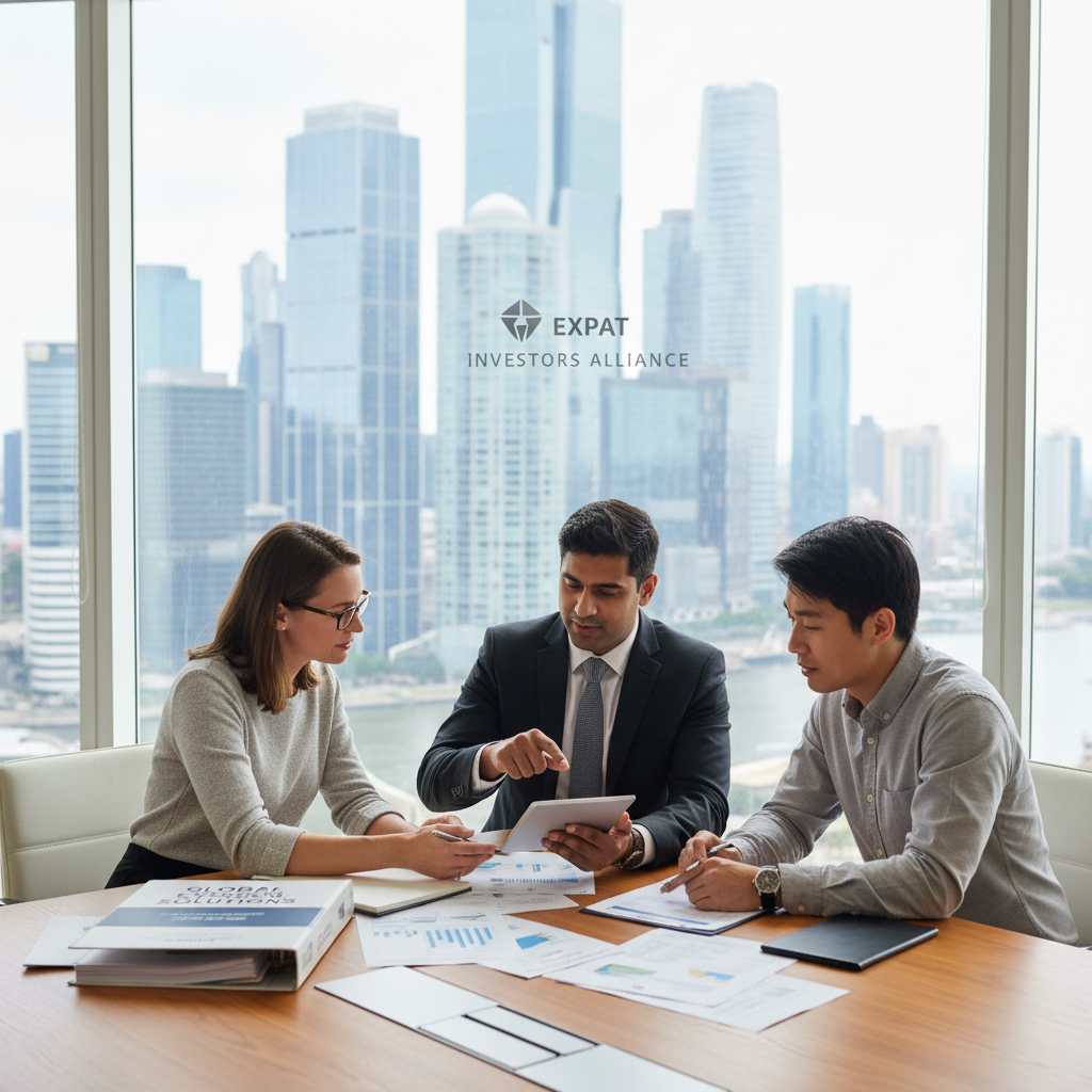 A photorealistic image of a diverse group of professionals (financial advisor, solicitor, real estate agent) in a modern office setting, discussing documents and a tablet, representing expert advice for expat investors.