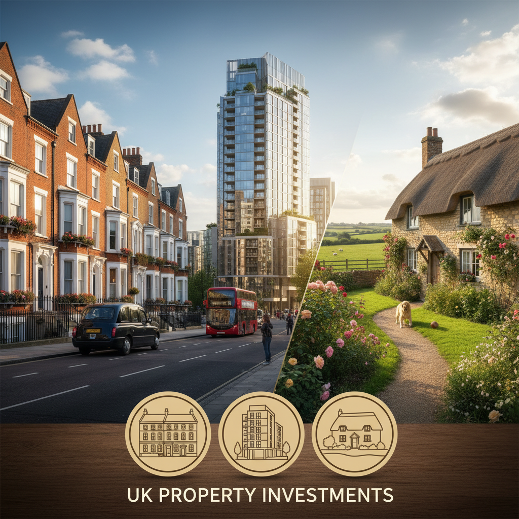 A photorealistic image showcasing a diverse range of UK properties: a classic London terraced house, a modern apartment building, and a quaint countryside cottage, symbolizing varied investment options. Bright, inviting atmosphere.